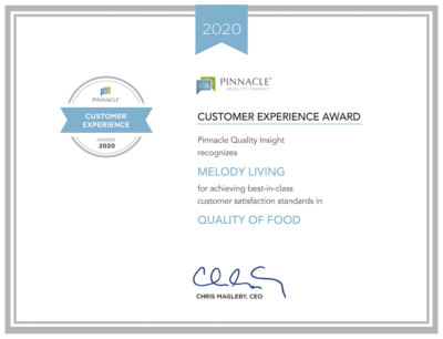 Melody Living is awarded customer experience award for quality of food