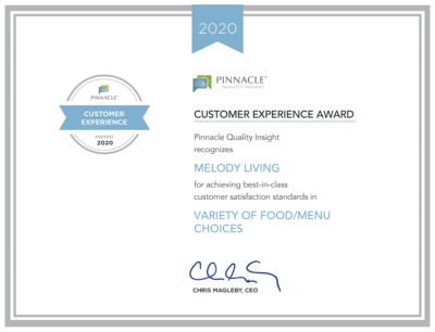 Melody Living is awarded customer experience award for variety of food menu choices